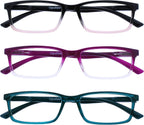 OPULIZE SEE Reading Glasses with Blue Light Blocking for Women and Men, Narrow Frame, Spring Hinges, Computer Gaming Glasses, Black to Pink,Purple,Turquoise +1 (Pack of 3)