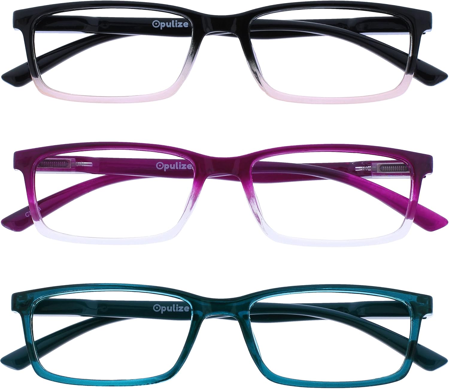 OPULIZE SEE Reading Glasses with Blue Light Blocking for Women and Men, Narrow Frame, Spring Hinges, Computer Gaming Glasses, Black to Pink,Purple,Turquoise +1.5 (Pack of 3)