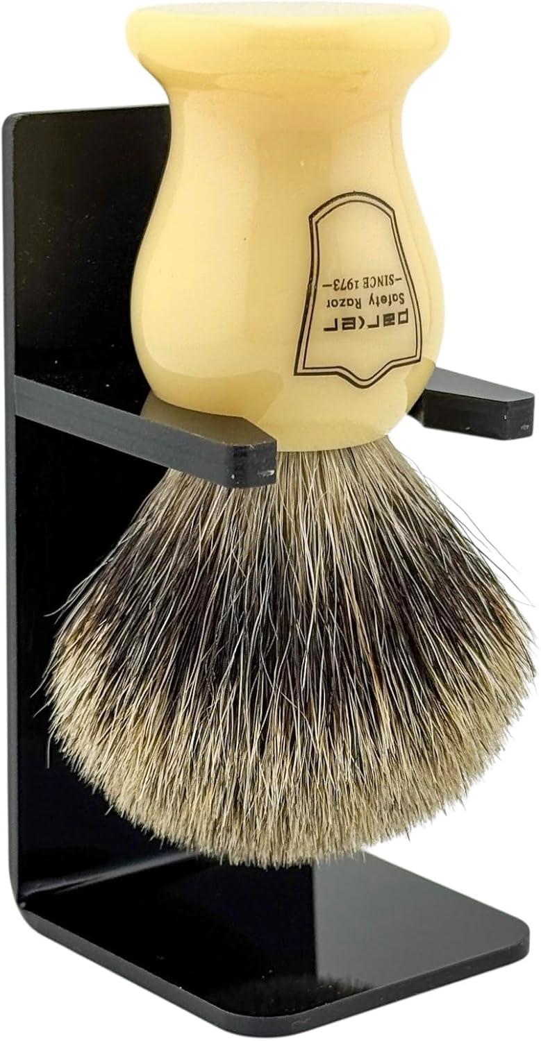 Parker 3-Band Pure Badger Bristle Shaving Brush – Faux Ivory Handle, Classic Wet Shave Brush for Lathering Shaving Soaps & Creams with Bladed Razors