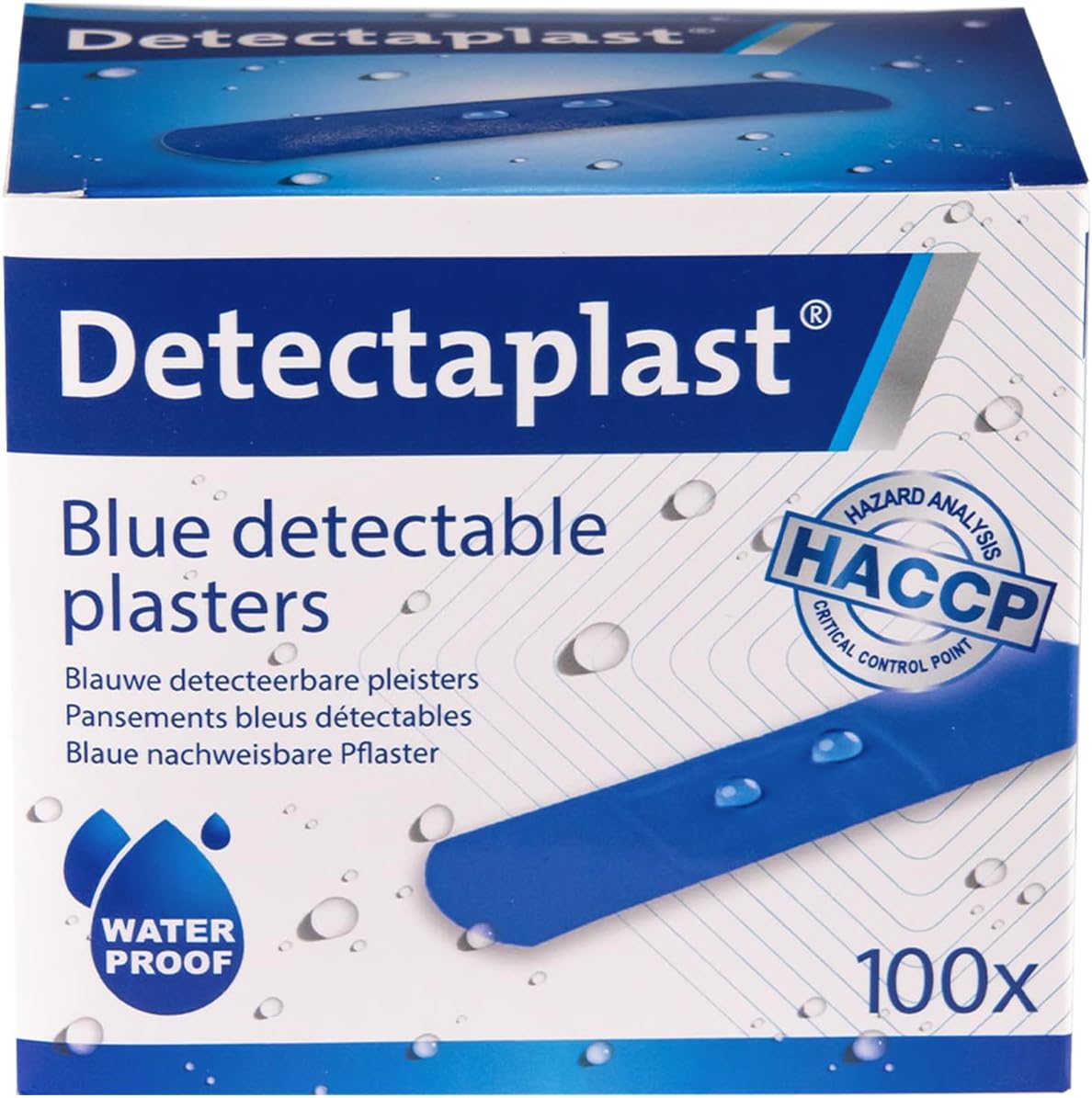 Detectaplast Waterproof Universal Blue Bandaids for Food Handling and First Aid Kits in Gastronomy, 0.75 x 2.83 Inches, 100 Pcs
