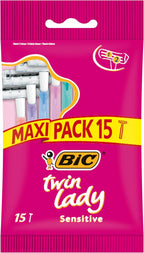 BIC Twin Lady Sensitive Razors, Disposable Razors with Two Blades for a Smooth and Precise Shave, Pack of 15