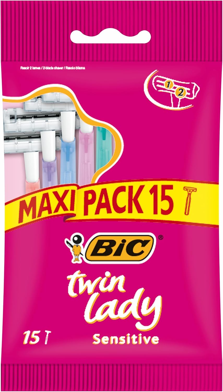 BIC Twin Lady Sensitive Razors, Disposable Razors with Two Blades for a Smooth and Precise Shave, Pack of 15