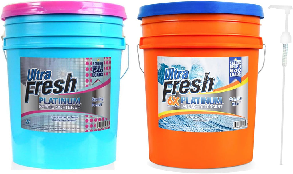 Ultra Fresh 6X Platinum Laundry Detergent, 5 Gallon, Bundled with Spring Fresh Fabric Softener and Pump, Up to 640 Loads, Orange/Blue