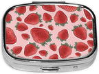 Pill Case Pill Box with Mirror Silver Pocket 2 Compartment Medicine Case Vitamin Pill Organizer for Pocket Purse and Travel Gifts - Strawberry Fruit Pink