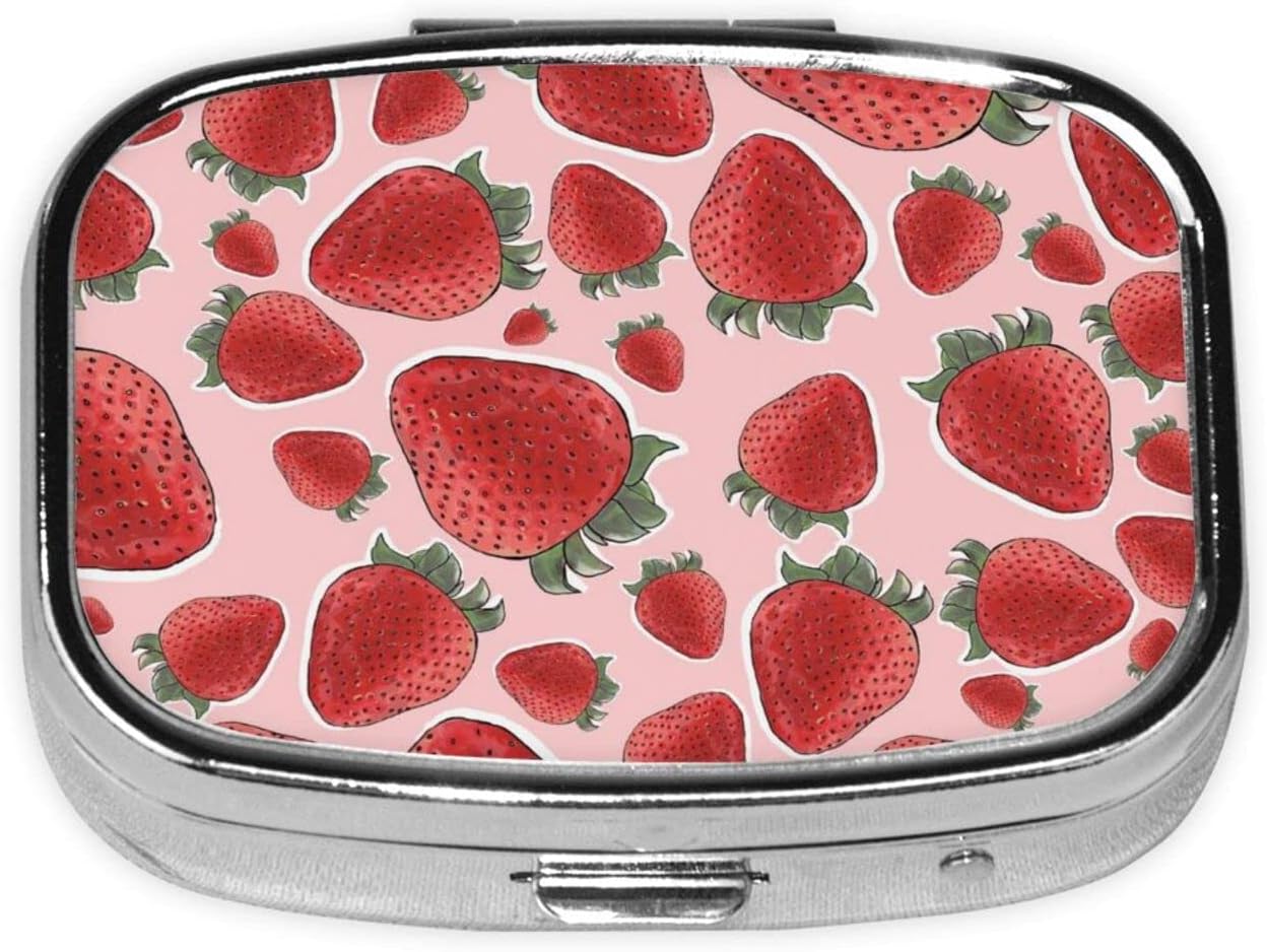 Pill Case Pill Box with Mirror Silver Pocket 2 Compartment Medicine Case Vitamin Pill Organizer for Pocket Purse and Travel Gifts - Strawberry Fruit Pink