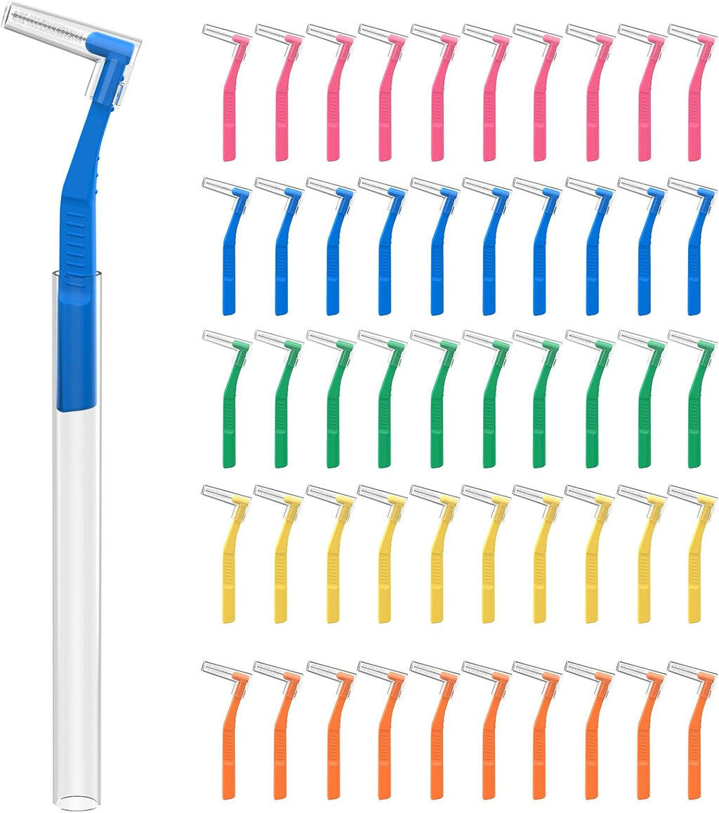 Fremouth 50 Angle Interdental Brushes with Extended Handle for Braces, 5 Sizes, Extra Tight(0.6mm), Tight(0.7mm), Medium(0.8mm), Wide(1.0mm,1.2mm), L- Shaped Interproximal Floss for Dental Health