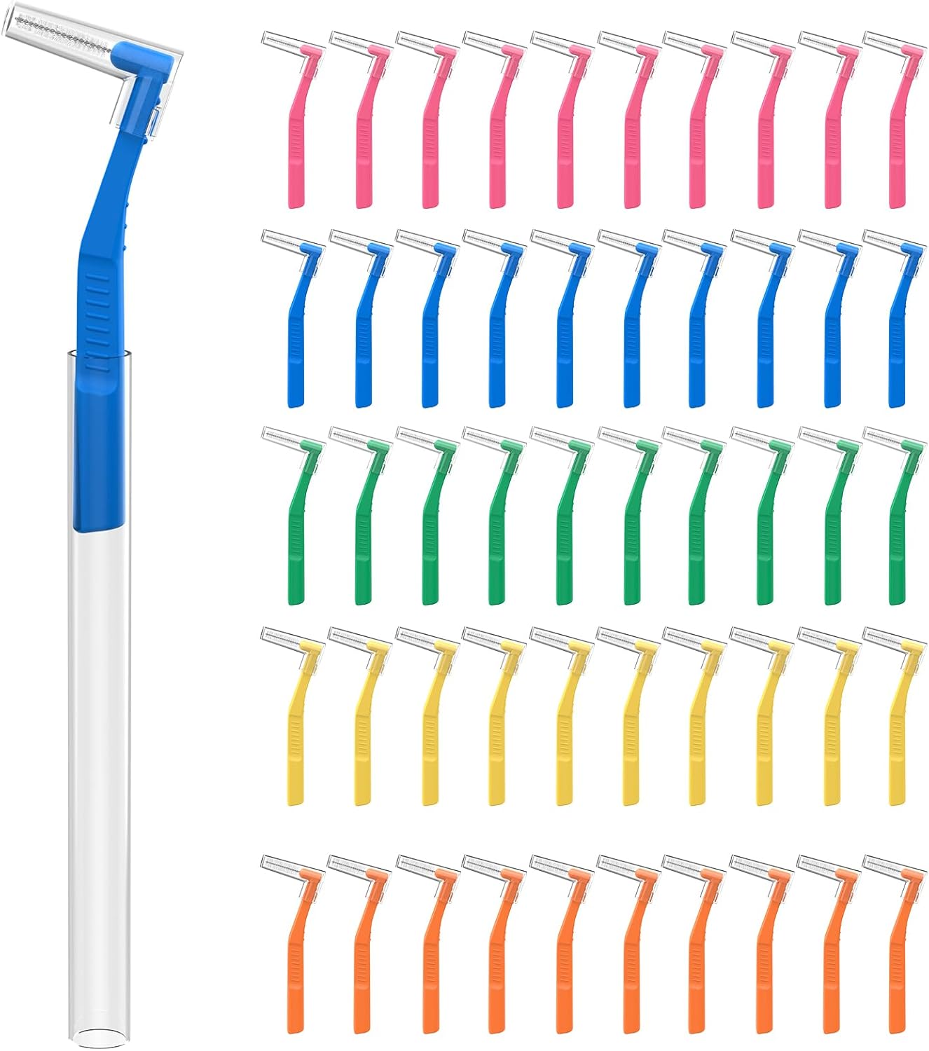 Fremouth 50 Angle Interdental Brushes with Extended Handle for Braces, 5 Sizes, Extra Tight(0.6mm), Tight(0.7mm), Medium(0.8mm), Wide(1.0mm,1.2mm), L- Shaped Interproximal Floss for Dental Health