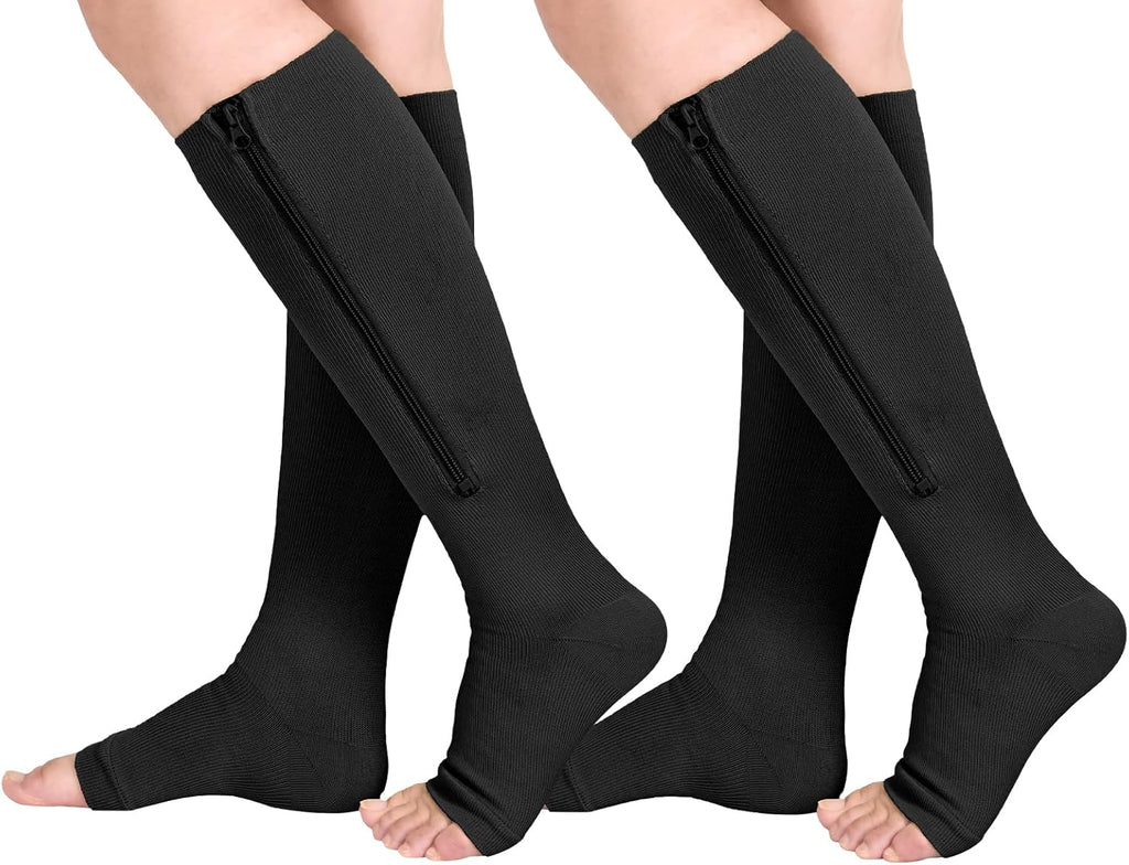 Athbavib 2 Pairs Compression Socks for Women & Men with Zipper 15-20 mmhg, Wide Calf Open Toe Plus Size Compression Socks Men, Knee High Compression Stockings for Flying Nurses Pregnant Women Travel