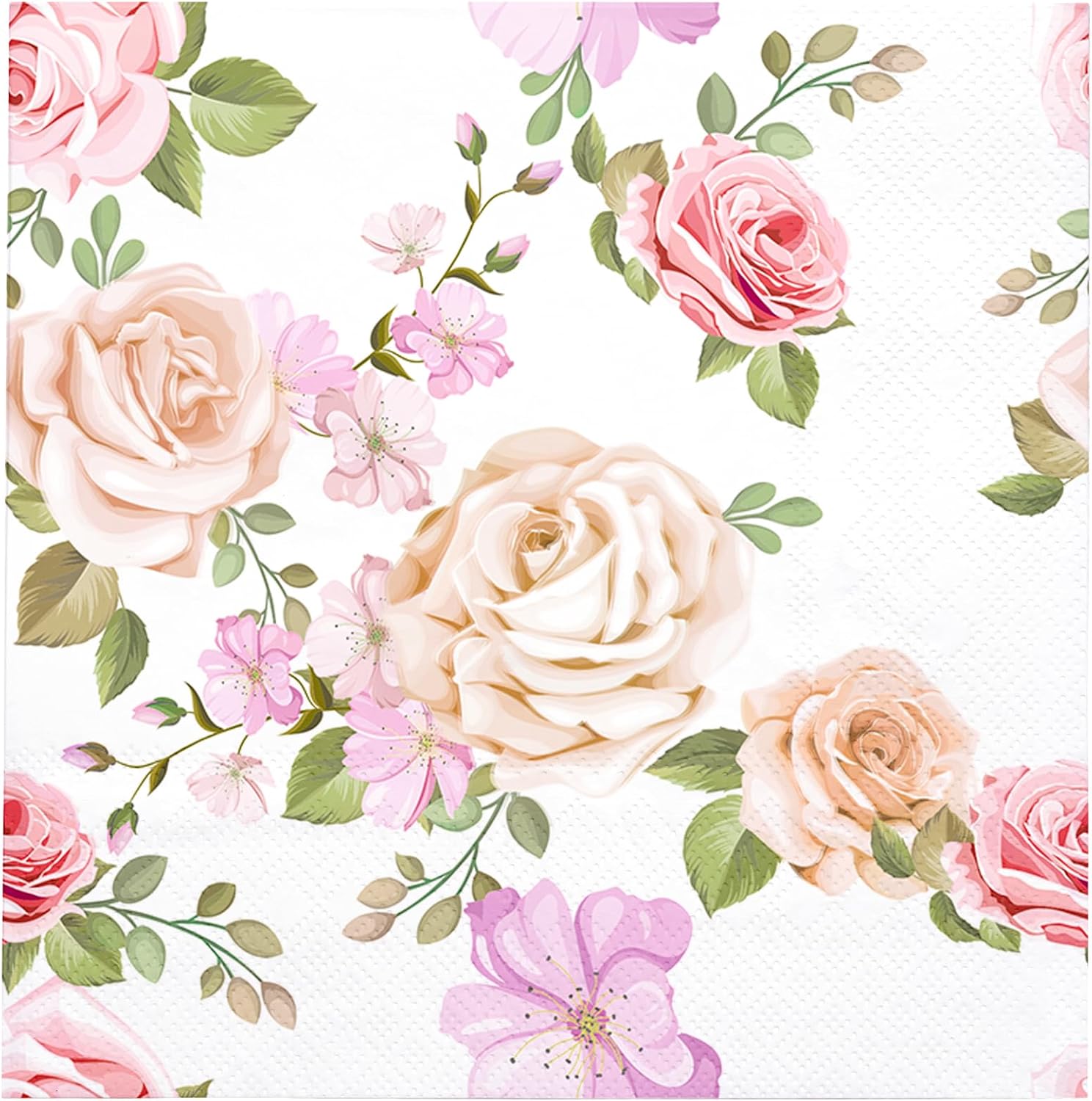 WRAPAHOLIC 50Pcs Pink Floral Cocktail Napkins - 3-Ply Pink Rose and Blossom Disposable Paper Napkins for Wedding Party Tableware Party Supplies - 5 x 5 In