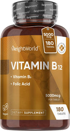 WeightWorld Vegan B12 Vitamin 5000mcg | 6-Month Supply | Vitamin B12 Methylcobalamin Form with Added Vitamin B6 & B9(Folic Acid) | Vitamin B Complex for Women & Men| 1-a-Day VIT B12 Supplement