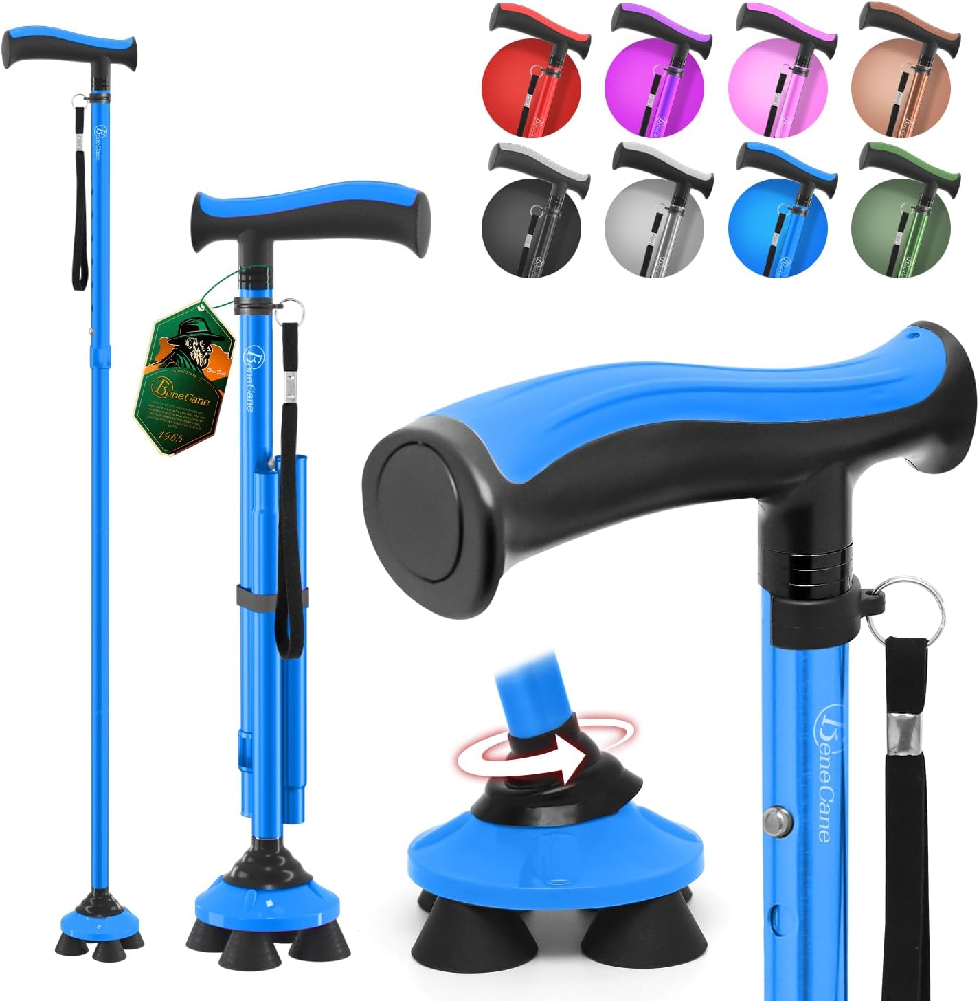 BeneCane Walking Cane for Men & Women Walking Stick for Seniors Folding Canes Quad Cane Adjustable Lightweight Sturdy Collapsible Heavy Duty with Soft TPR T-Handle and Travel Bag