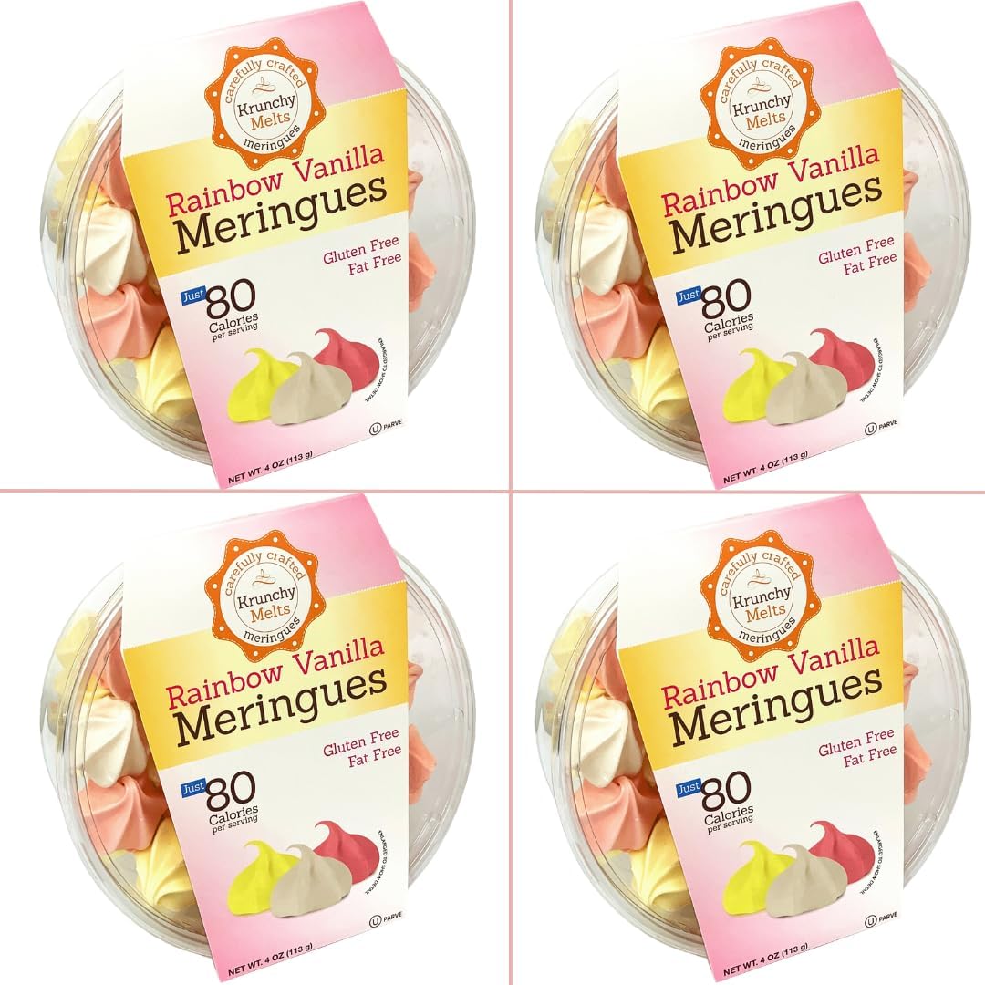 4 Pack Krunchy Melts Original Meringue Cookies | Rainbow Vanilla Flavor 4-Pack | Only 80 Calories Per Serving | Fat Free, Gluten Free, Dairy Free (4 Oz)