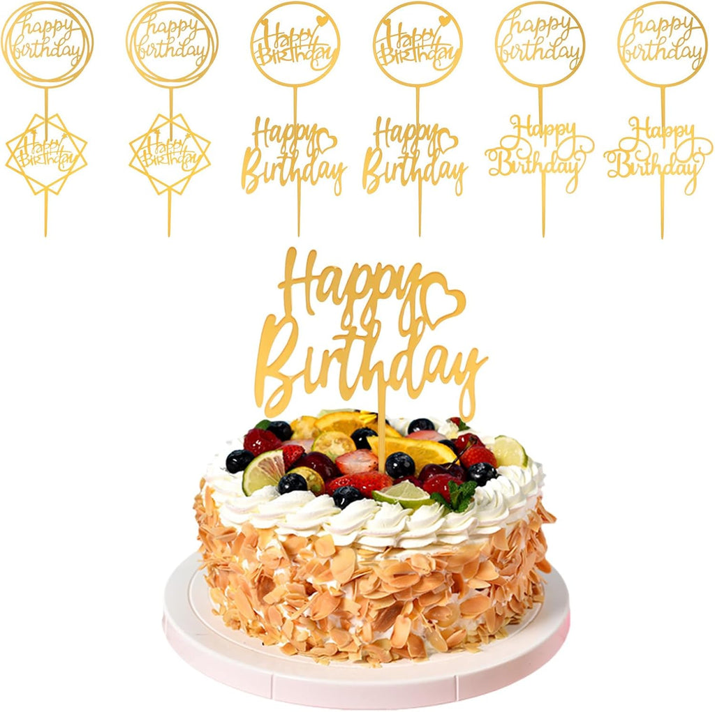 12 Pcs Gold Happy Birthday Cake Toppers, Acrylic Birthday Cupcake Toppers Glitter Birthdays Cupcake Topper Double-Sided Cupcakes Pick for Birthdays Party Cake Desserts Pastries Decorations