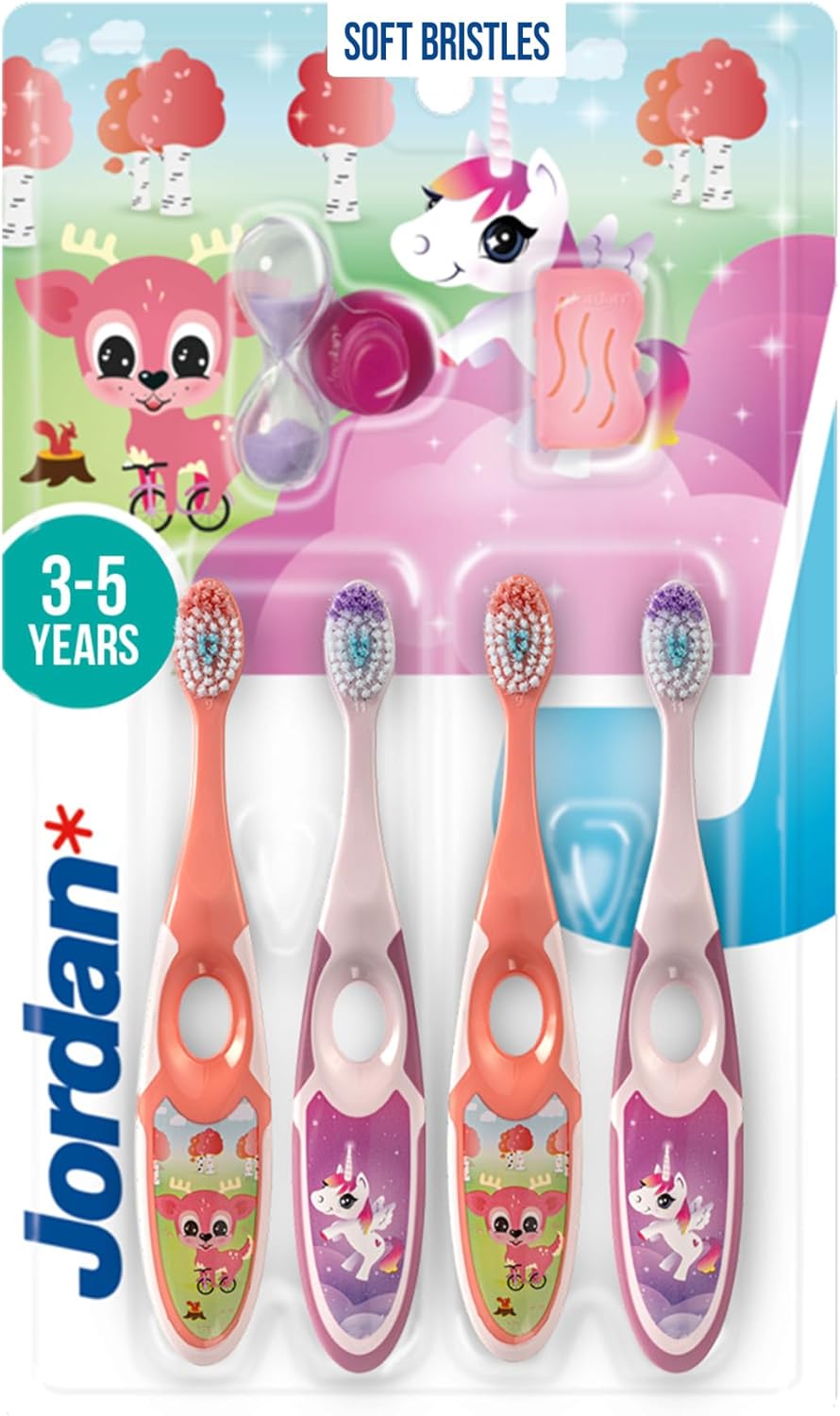 Jordan* ® | Step 2 Kids Toothbrush | 3-5 Years, Soft Bristles, BPA Free,4 Pack | Pink