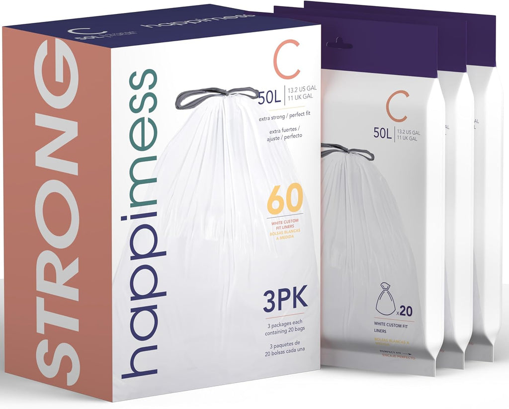 happimess HPM3000C-WHITE 13.2 Gallon Kitchen Drawstring Trash Bags, Trash Can Liner, White, 60-Count, 3-Packs of 20 Liners