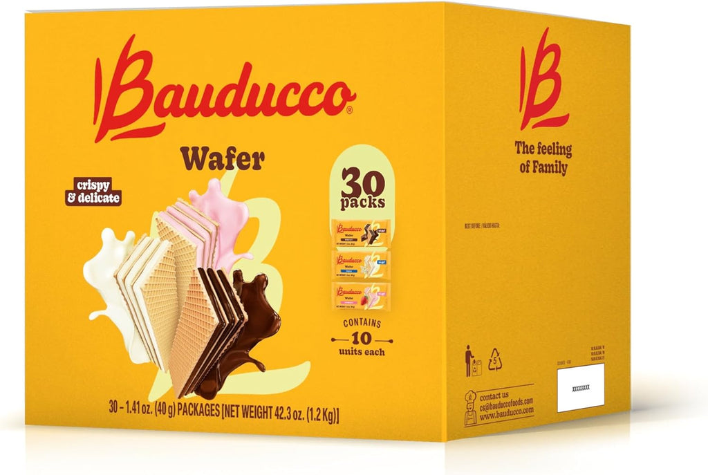 Bauducco Wafer Single-Serve Box – Crispy Wafers in Chocolate, Vanilla, and Strawberry Flavors, 42.3 oz (30-Pack)