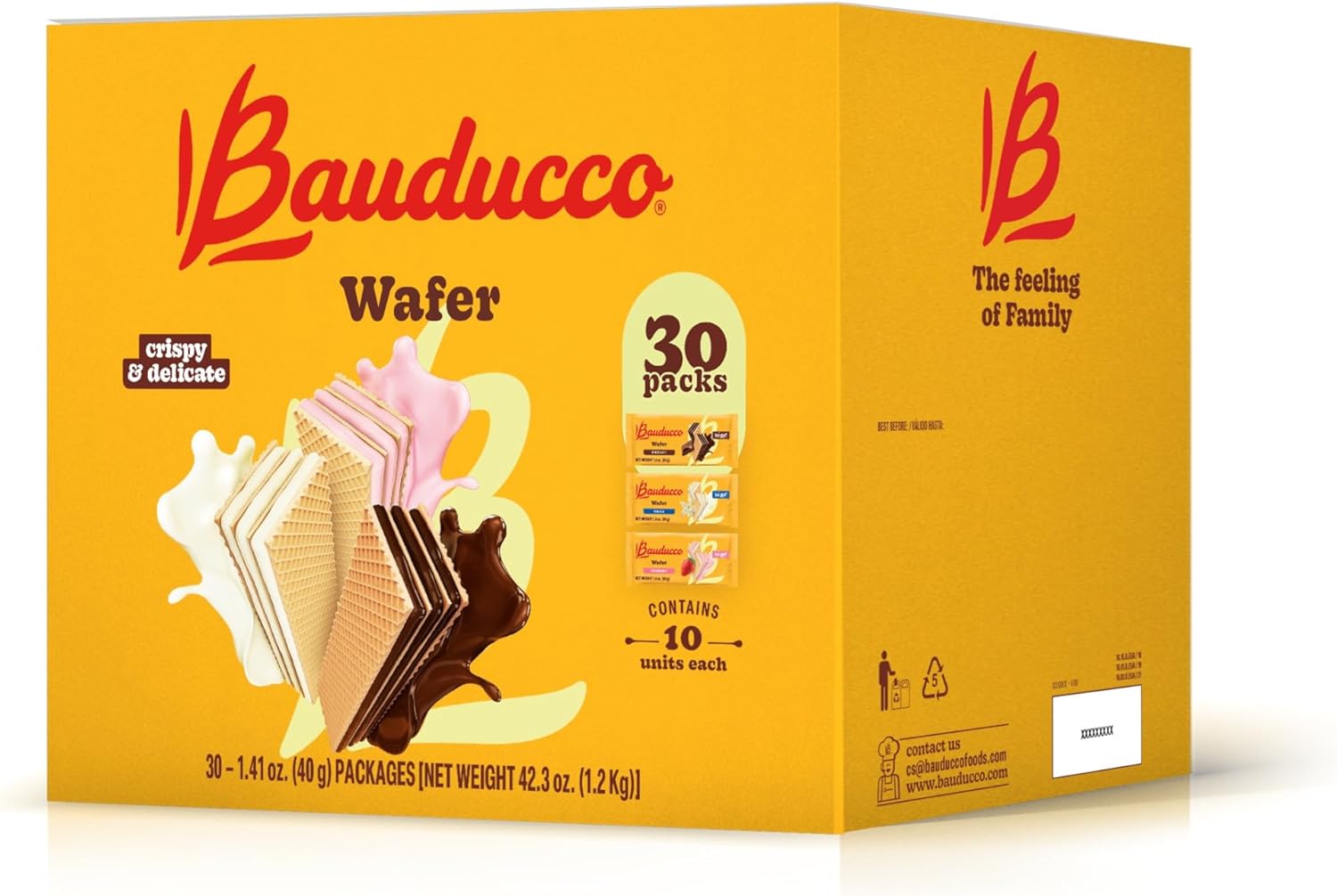 Bauducco Wafer Single-Serve Box – Crispy Wafers in Chocolate, Vanilla, and Strawberry Flavors, 42.3 oz (30-Pack)