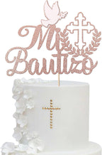 1 Pack Spanish Mi Bautizo Cake Topper Glitter Cross First Holy Communion Baptism Cake Pick for Religious God Bless Baptism Baby Shower First Communion Cake Decoration Party Supplies Rose Gold
