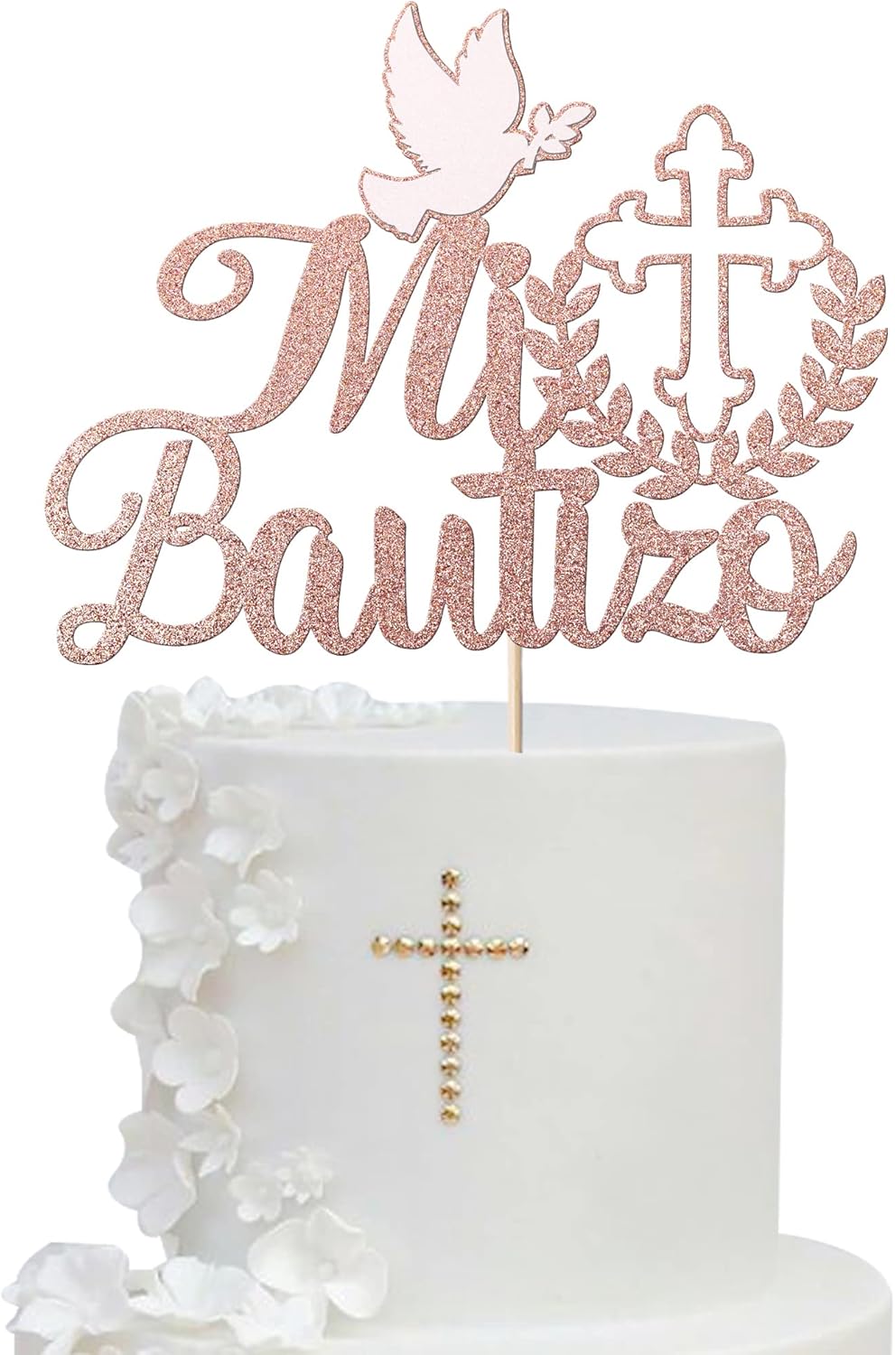 1 Pack Spanish Mi Bautizo Cake Topper Glitter Cross First Holy Communion Baptism Cake Pick for Religious God Bless Baptism Baby Shower First Communion Cake Decoration Party Supplies Rose Gold
