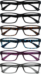 OPULIZE PEP Classic Reading Glasses for Women Men, Scratch Resistant Rectangular Frame with Spring Hinges, Black, Brown, Blue, Purple, Grey, +2.5 (Pack of 6)