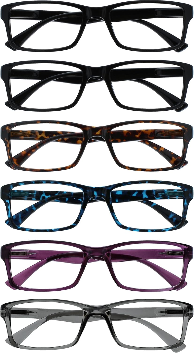 OPULIZE PEP Classic Reading Glasses for Women Men, Scratch Resistant Rectangular Frame with Spring Hinges, Black, Brown, Blue, Purple, Grey, +2 (Pack of 6)