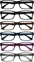 OPULIZE PEP Classic Reading Glasses for Women Men, Scratch Resistant Rectangular Frame with Spring Hinges, Black, Brown, Blue, Purple, Grey, +2 (Pack of 6)