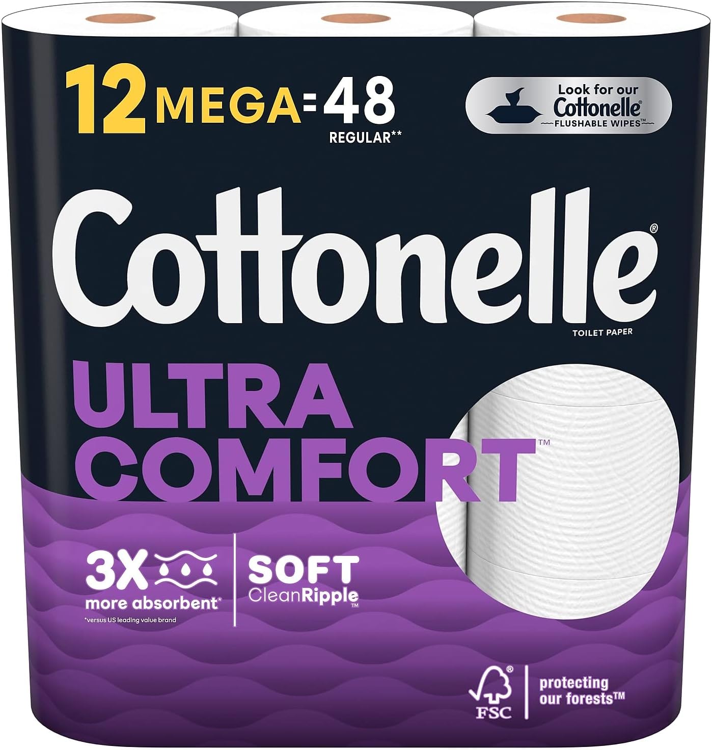 Cottonelle Ultra ComfortCare Toilet Paper - Beige, Mega Rolls (12 = 48 Regular), Soft Bath Tissue, 3408 Sheets