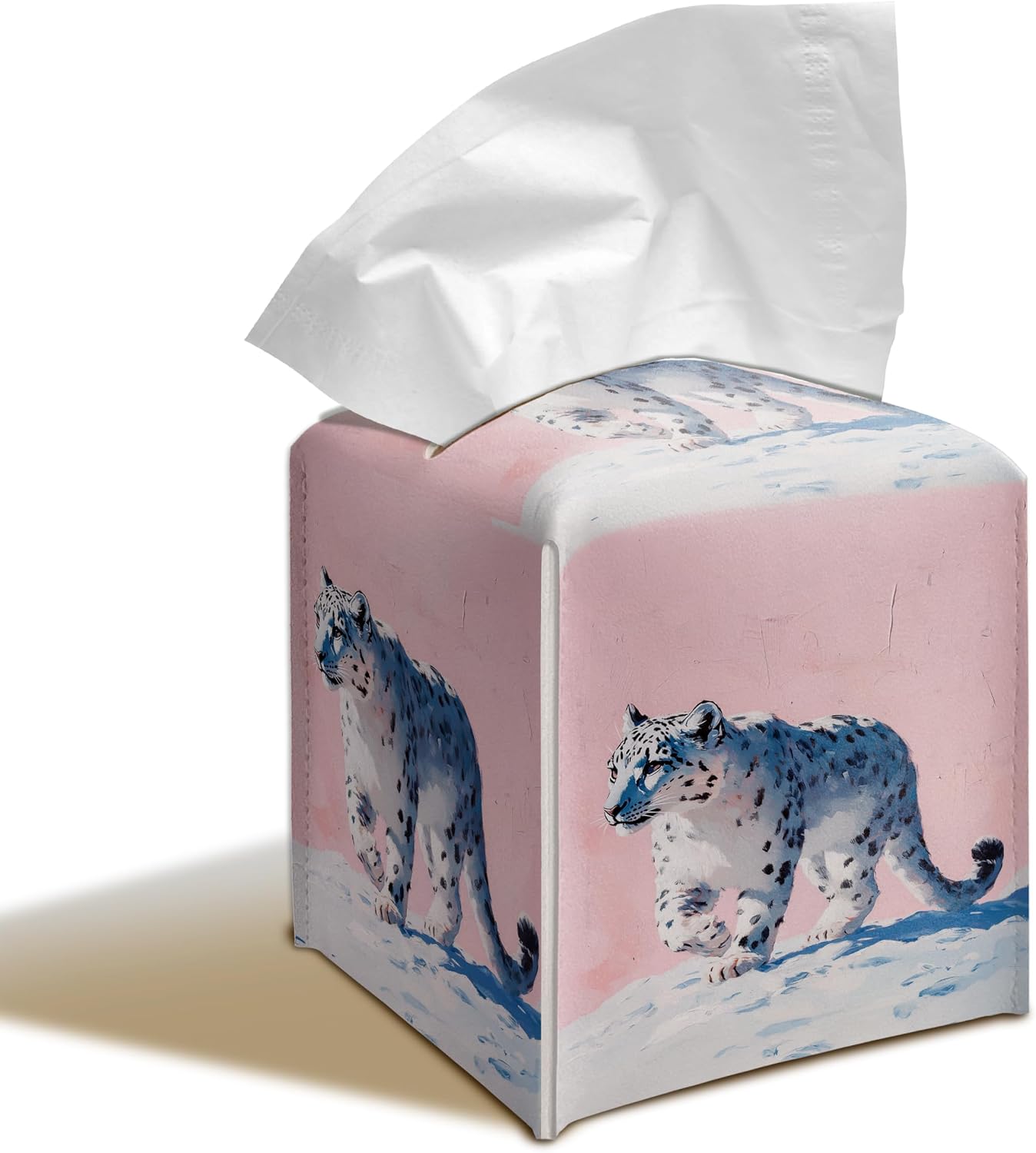 Snow Leopard Art 5.2-Inch Square PU Leather Tissue Box Cover – Hand-Stitched, Removable Liner, Bathroom, Bedroom, Living Room, Office, Gift for Snow Leopard & Animal Lovers