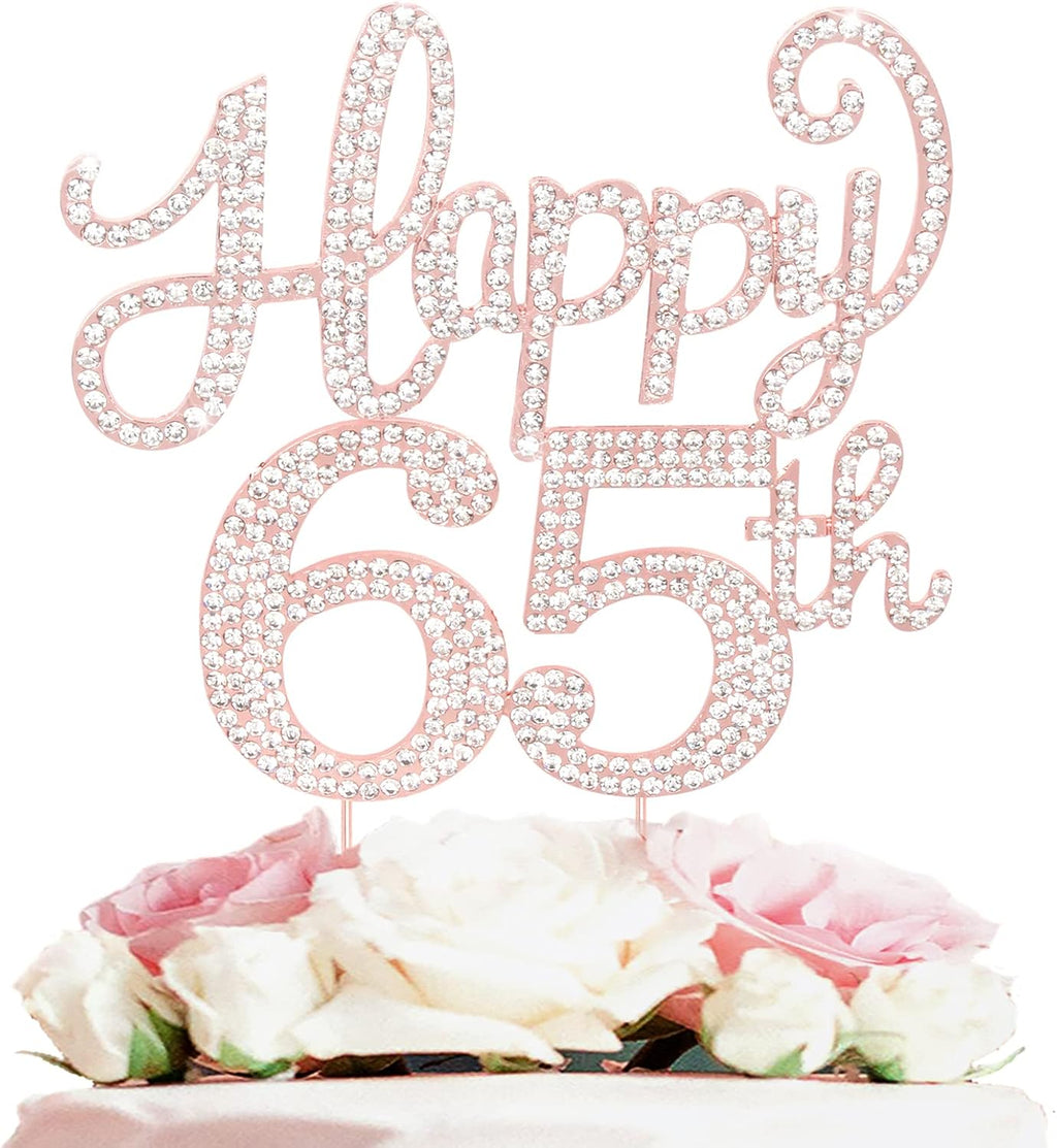 LASKYER Happy 65th Birthday Decorations,65th Birthday Rose Gold Rhinestone Cake Topper - Cheers to 65 Years Old Bday Party Metal Sparkly Cake Centerpieces Sign.