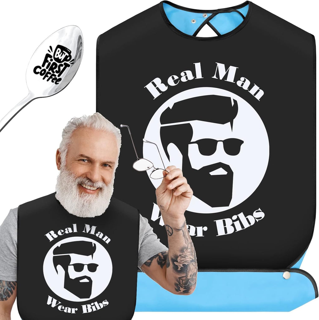 FreeNFond Funny Adult Bibs for Men Women Elderly Eating Clothing Protectors with Crumb Catcher and Coffee Spoon Gag Gifts (Man)
