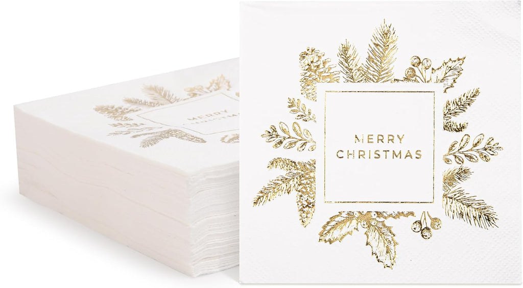 100 Pack of Paper Cocktail Napkins with Gold design，Formal Dinner, Anniversary, Merry Christmas, Guestrooms, Restrooms(5 x 5 in，3-ply) (Gold MC)