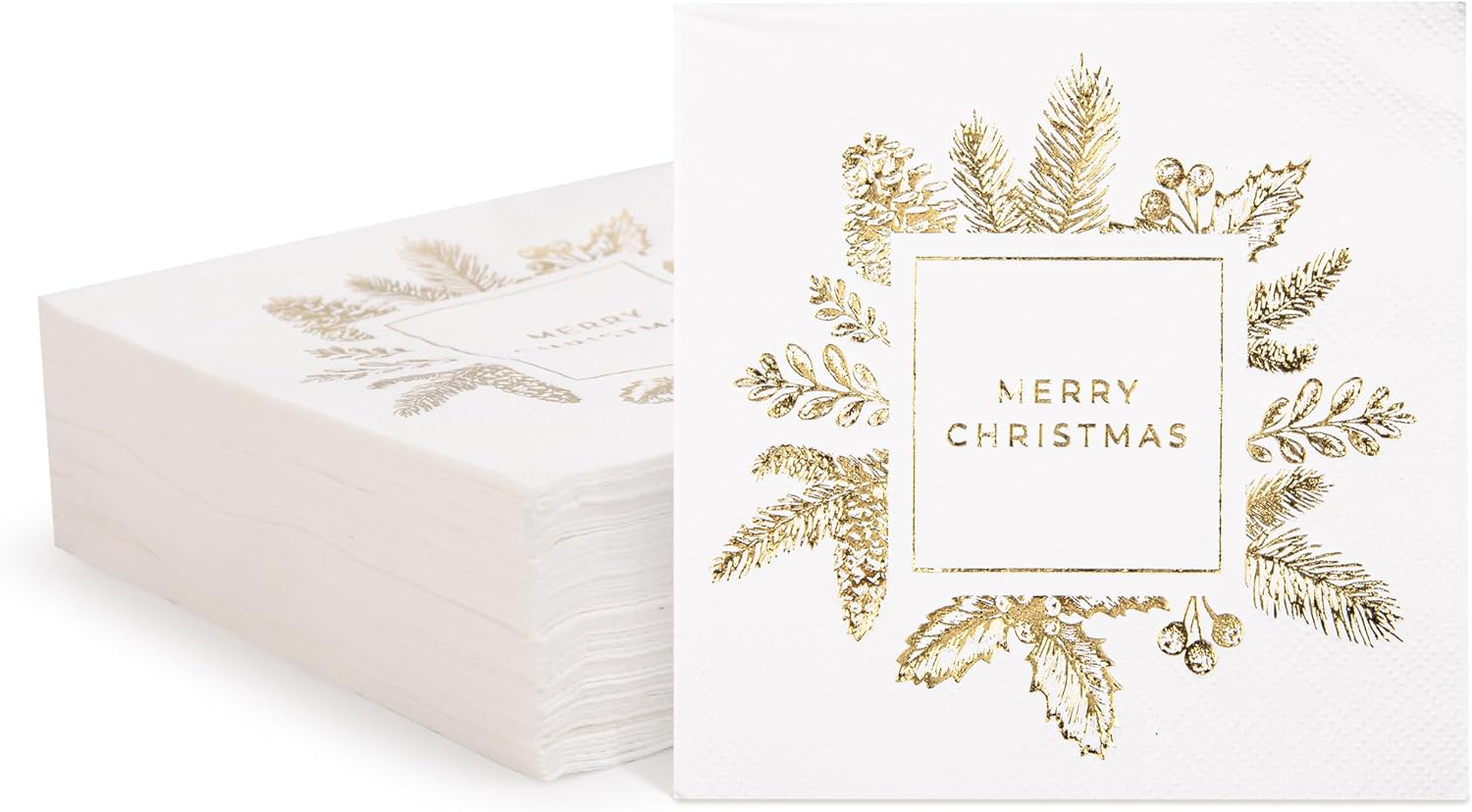 100 Pack of Paper Cocktail Napkins with Gold design，Formal Dinner, Anniversary, Merry Christmas, Guestrooms, Restrooms(5 x 5 in，3-ply) (Gold MC)