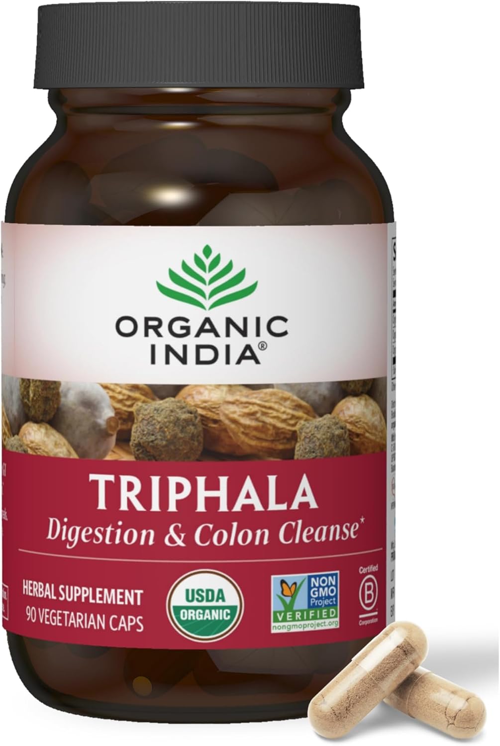 ORGANIC INDIA Triphala Herbal Supplement - Digestion & Colon Support, Immune System Support, Adaptogen, Nutrient Dense, Vegan, Gluten-Free, USDA Certified Organic, Non-GMO - 90 Capsules