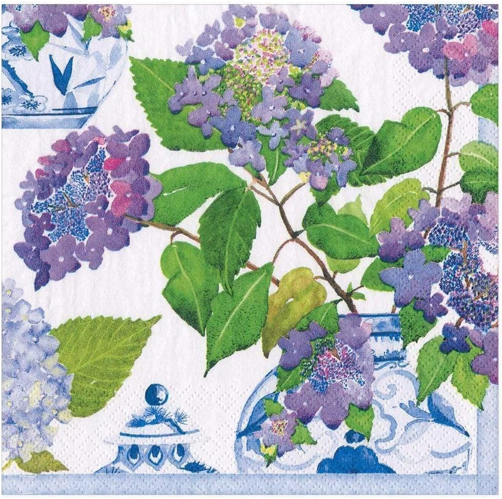 Caspari Hydrangeas and Porcelain Paper Dinner Napkins - Two Packs of 20