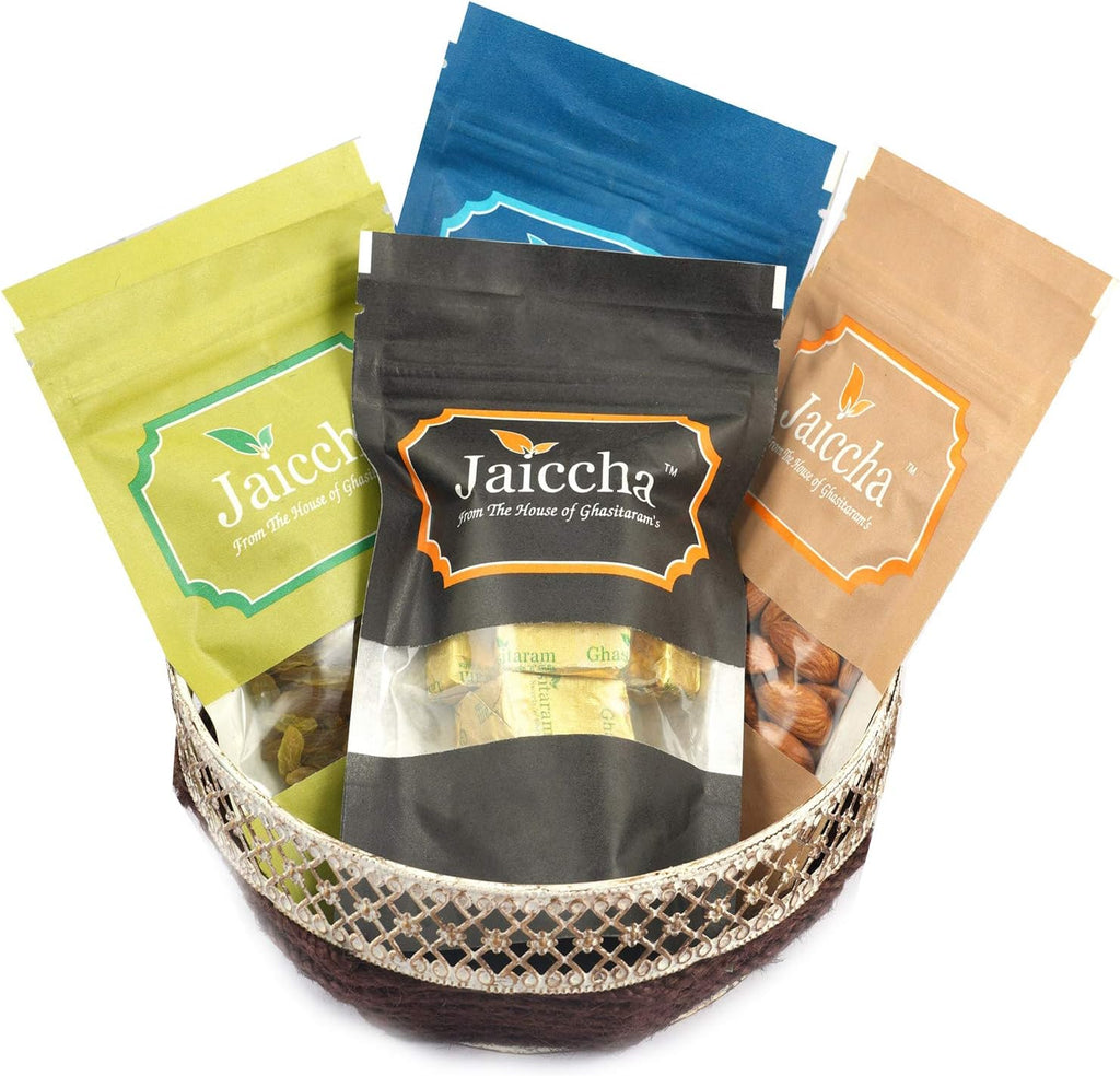 Jaiccha Ghasitaram Diwali Gifts Round Metal Basket of Mango Bites, MEWA Bites, Almonds and Raisins