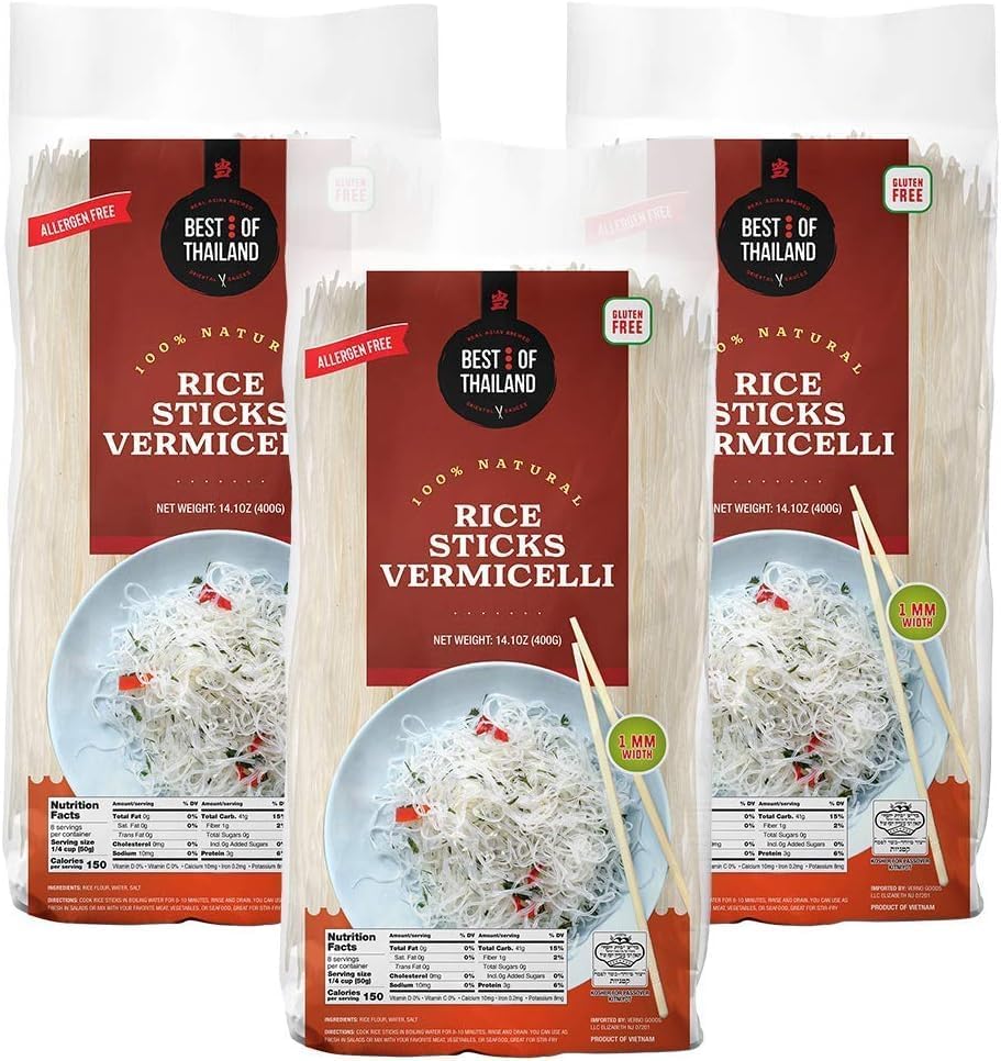 Best of Thailand Rice Noodle Sticks | Great for Traditional Thai, Vietnamese, Chinese, Japanese Stir Fry & Soups | Non-GMO, Gluten-Free, Kosher for Passover Kitniyo (Rice Sticks Vermicelli-1mm)