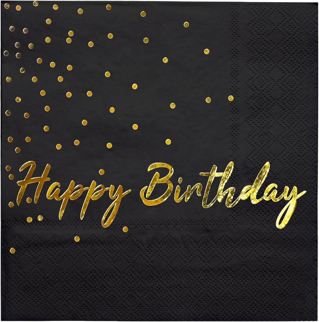 WRAPAHOLIC 25Pcs Dot Birthday Cocktail Napkins - 3-Ply Black Gold Foil Happy Birthday Lettering and Dot Disposable Paper Napkins for Baby Shower Party Tableware Party Supplies - 5 x 5 In