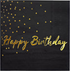 WRAPAHOLIC 25Pcs Dot Birthday Cocktail Napkins - 3-Ply Black Gold Foil Happy Birthday Lettering and Dot Disposable Paper Napkins for Baby Shower Party Tableware Party Supplies - 5 x 5 In