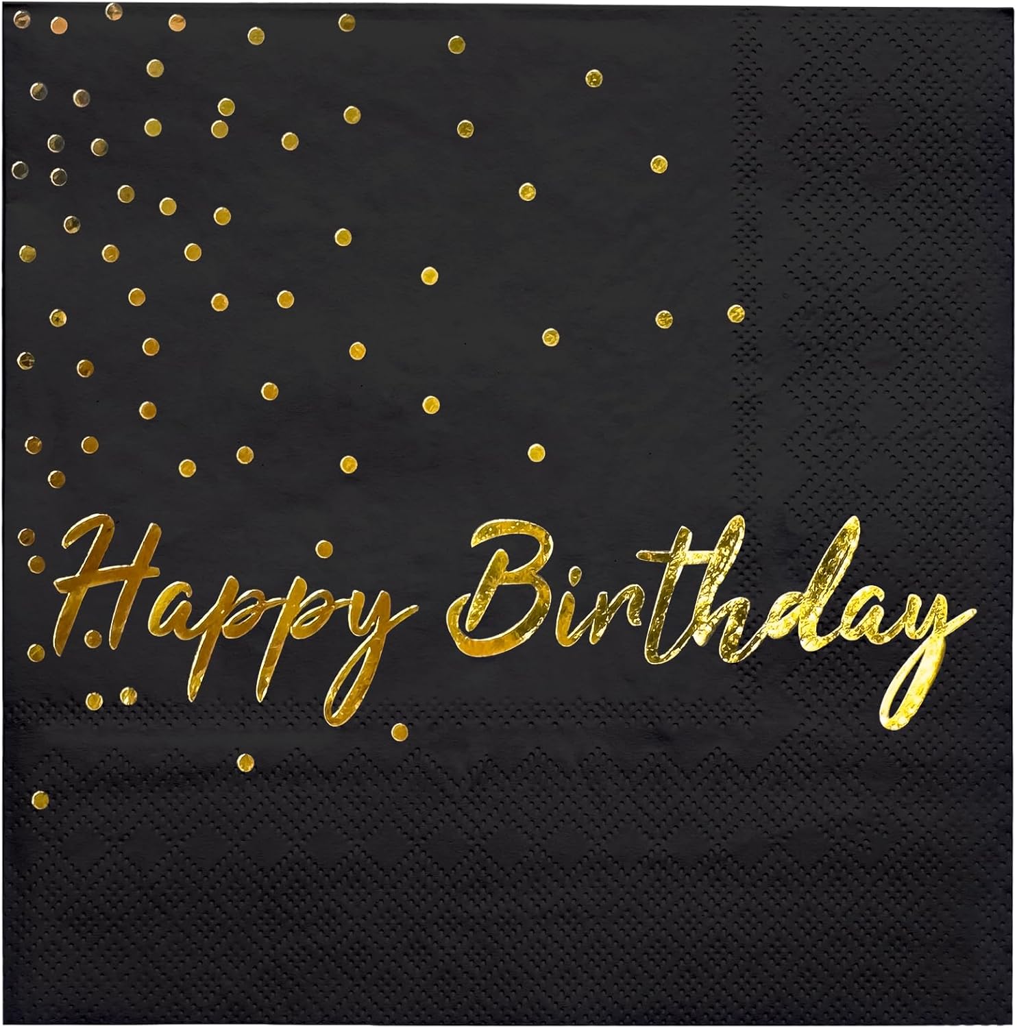 WRAPAHOLIC 25Pcs Dot Birthday Cocktail Napkins - 3-Ply Black Gold Foil Happy Birthday Lettering and Dot Disposable Paper Napkins for Baby Shower Party Tableware Party Supplies - 5 x 5 In
