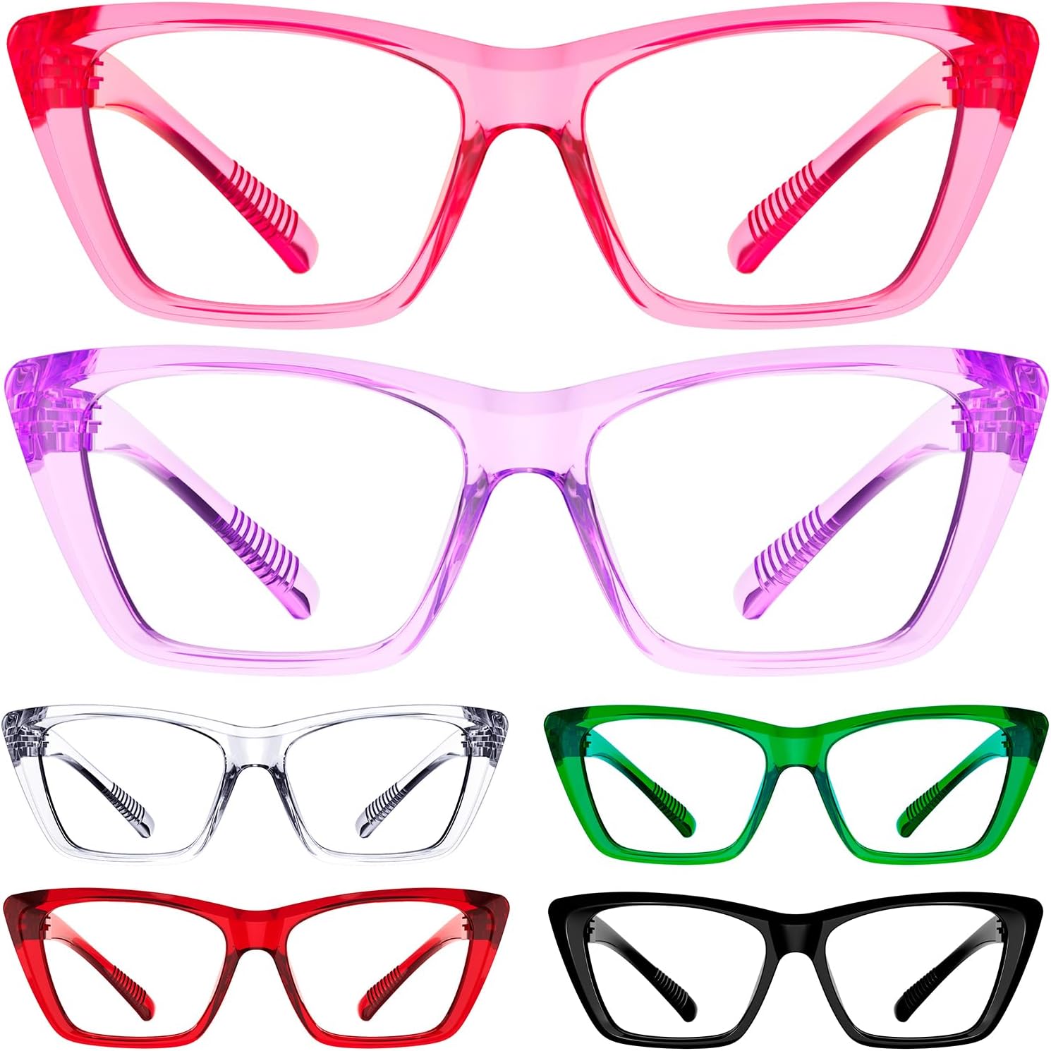 Eyekepper Cat Eye Reading Glasses with Screwless Spring Hinges Metalless 6 Pack for Women Large Thick Frame Readers +1.75