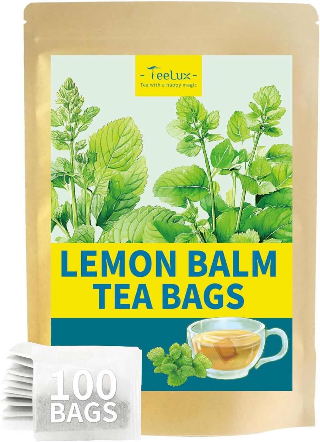 TeeLux Lemon Balm Tea Bags, Pure & Natural Lemon Balm Herbal Tea, Lemony & Citrusy Flavor, Caffeine Free, 100 Count