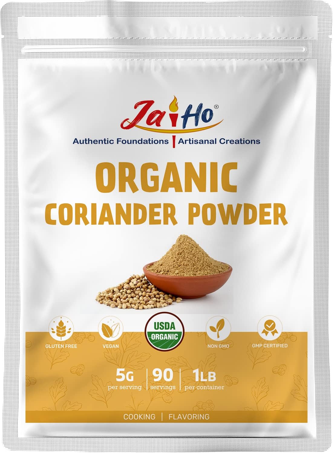 Jai Ho Certified USDA Organic Ground Coriander Powder – 1 LB – Gluten-Free, Vegan, Non-GMO – Resealable Zip Lock Pouch