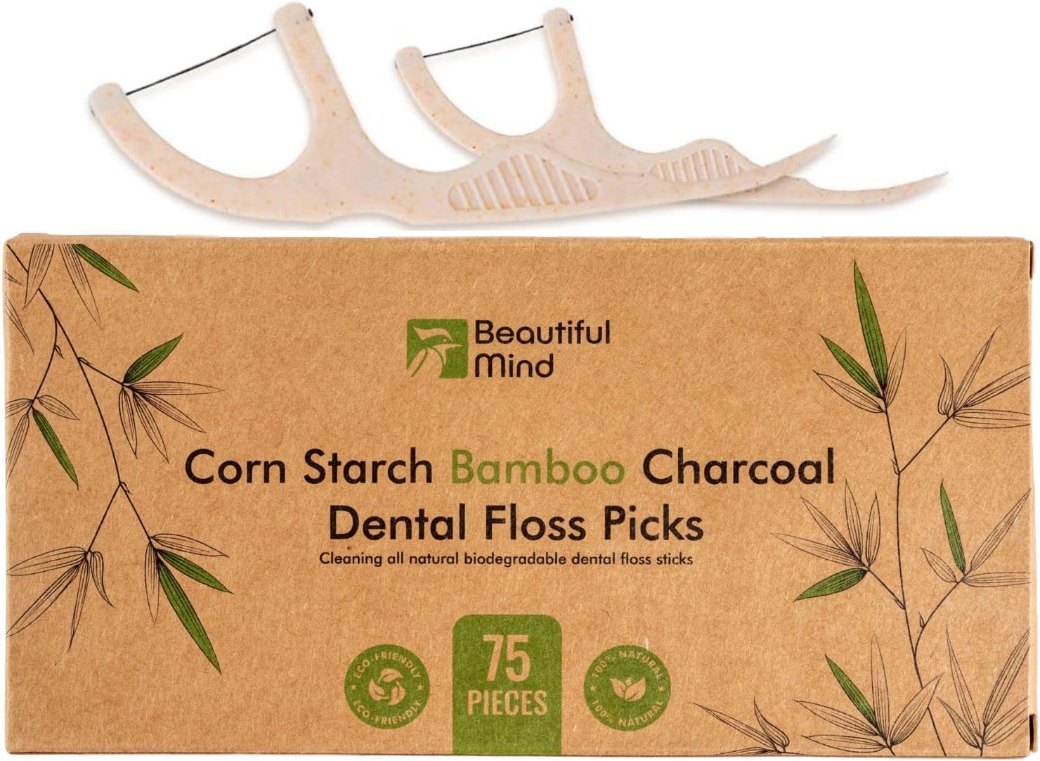 Natural Dental Floss Picks 75 Pack – Organic Biodegradable Floss Sticks with Strong Bamboo Charcoal Thread & Vegan Cornstarch Handle – No Plastics, No Artificial Flavours - Kraft Paper Box