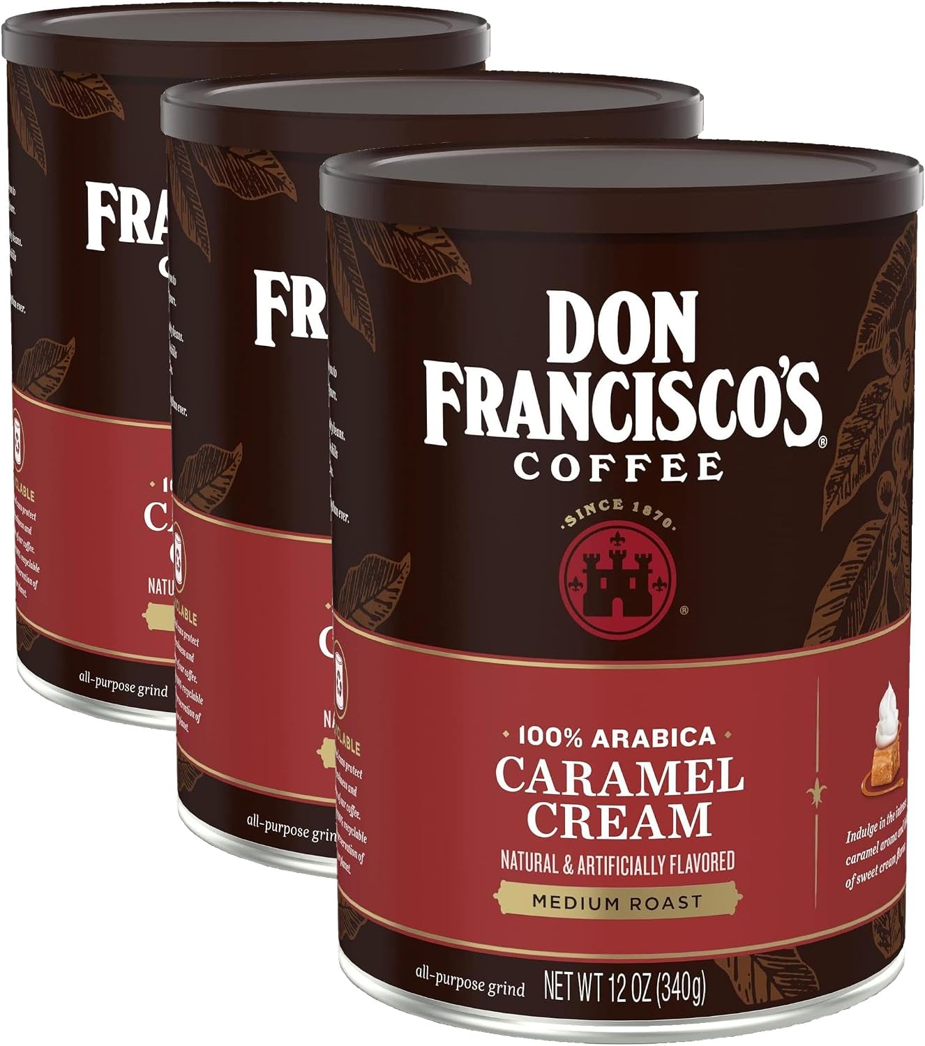 Don Francisco's Caramel Cream Ground Flavored Coffee: Rich, Aromatic 100% Arabica Beans - Expertly Roasted for a Delightful Morning Brew (3 x 12 oz Cans)