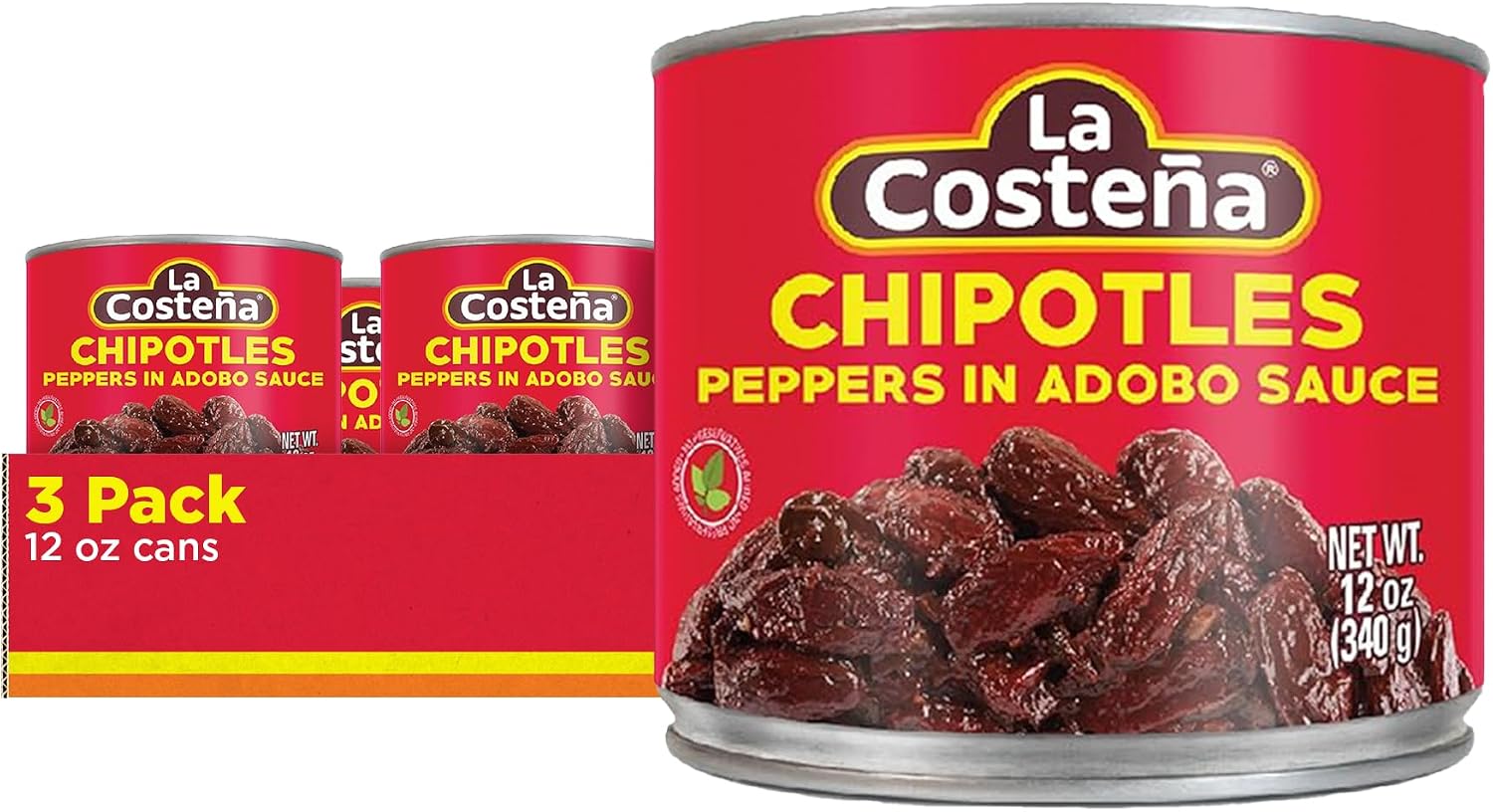 La Costeña Chipotle Peppers in Adobo Sauce - Smoked Spicy Peppers Chipotle in Adobo Sauce - Mexican Food, Taco, Enchiladas & Salsa - Hot Pickled Vegetables - 12oz, 3 Pack Canned Vegetables