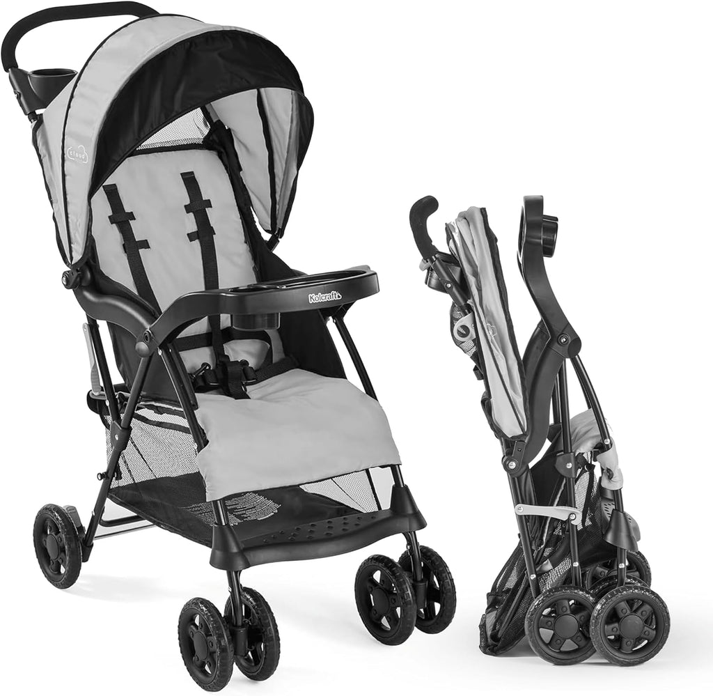 Kolcraft Cloud Plus Lightweight Umbrella Stroller for Toddlers with Reclining Seat, Large Storage Basket, Canopy, Infant & Parent Trays, Compact Fold for Summer Travel, Durable Frame, Slate Gray