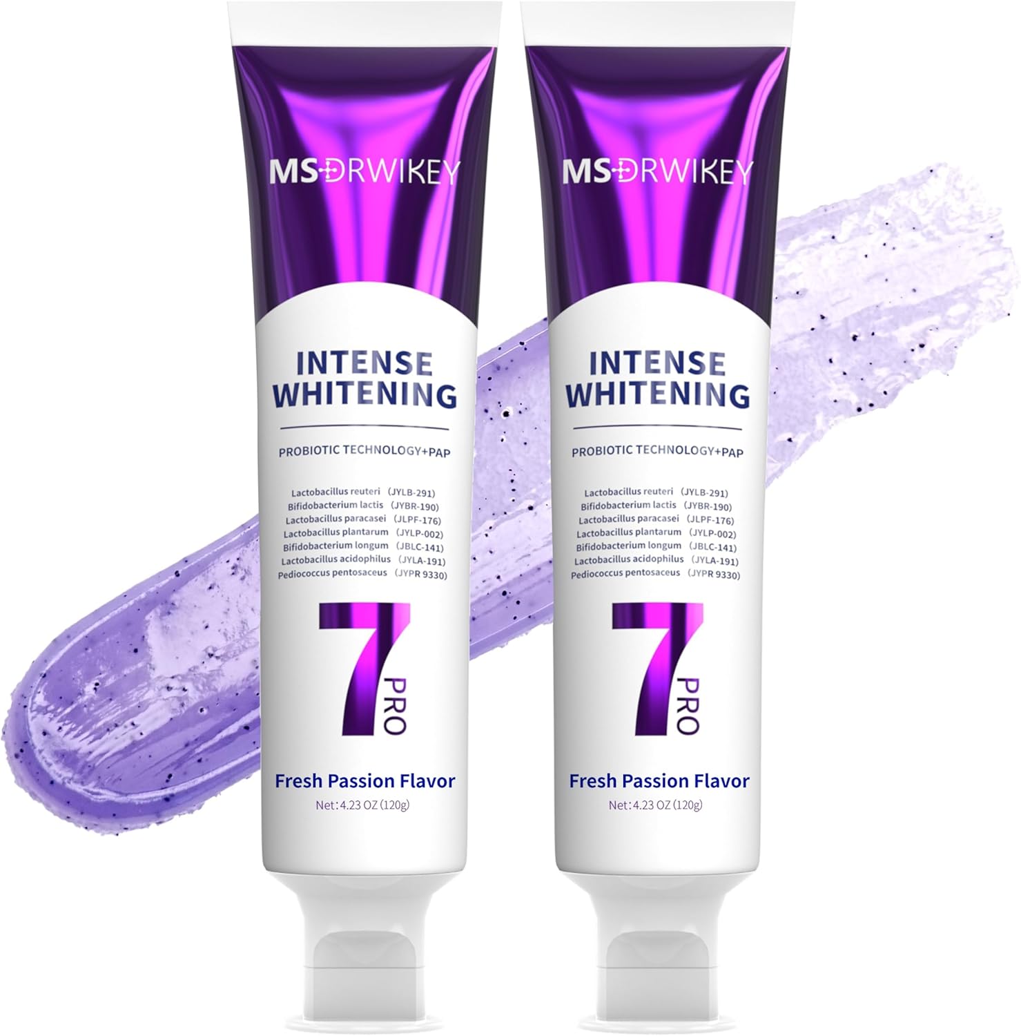 MSDRWIKEY 2-Pack Popping 7-Pro Whitening Toothpaste | Deep Whitening & 7 Probiotics for Oral Health | Purple Beads for Extra Freshness | Fluoride-Free