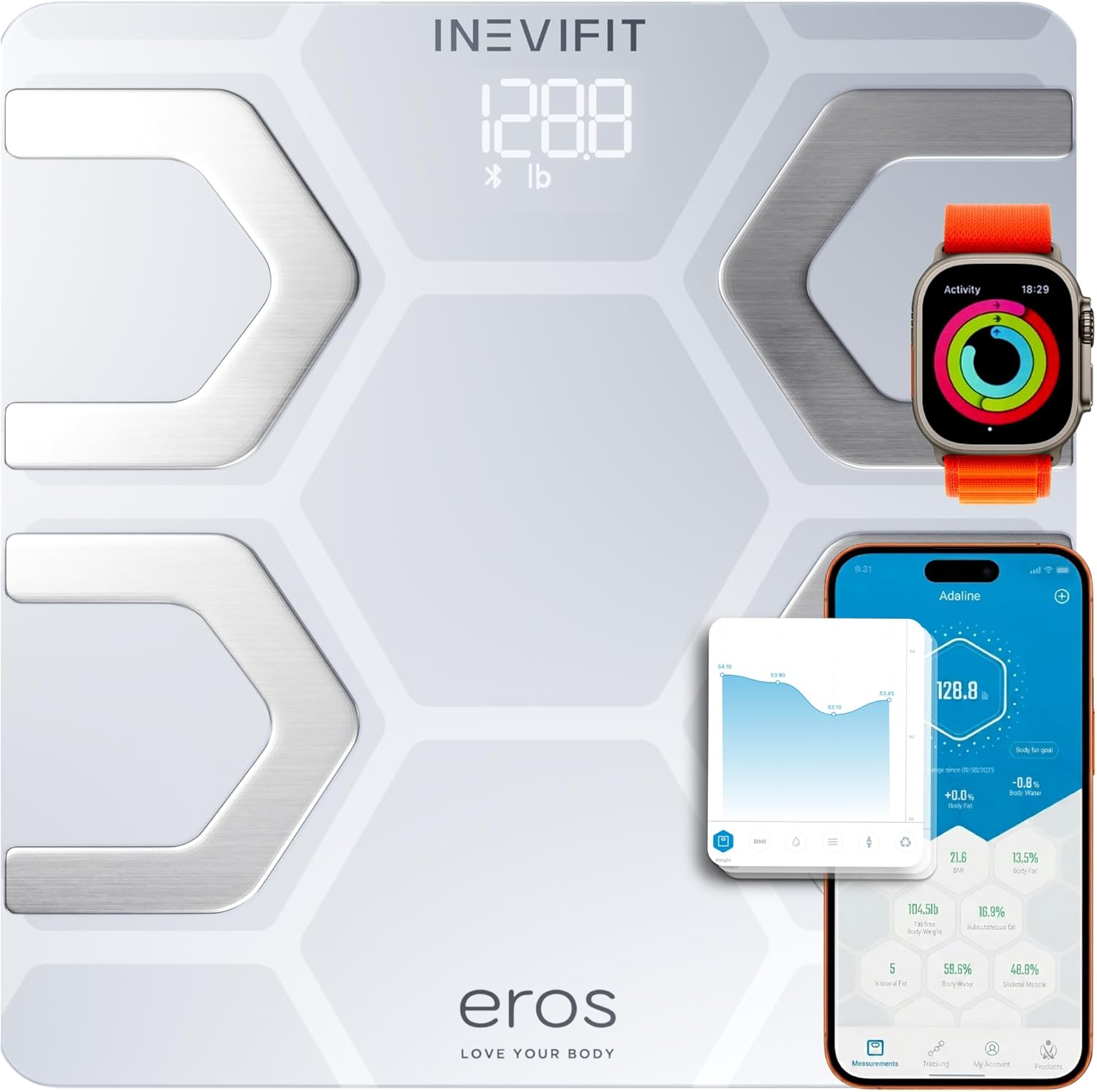 INEVIFIT EROS Bluetooth Body Fat Scale Smart BMI Highly Accurate Digital Bathroom Body Composition Analyzer with Wireless Smartphone APP 400 lbs 11.8 x 11.8 inch (White)