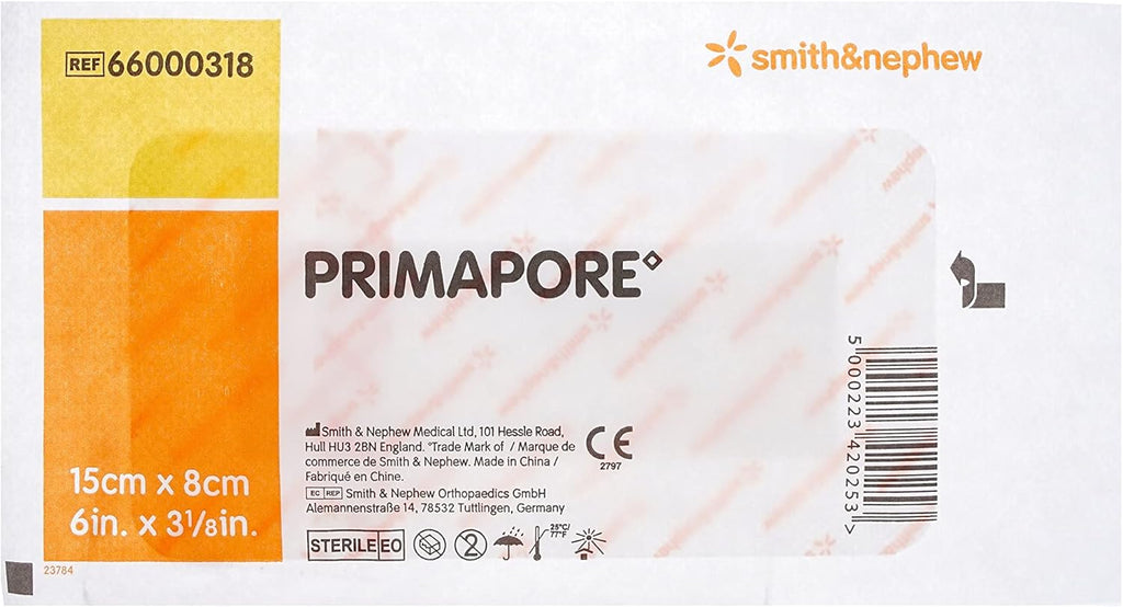 Smith & Nephew PRIMAPORE Peripheral IV Adhesive Dressing, Adhesive Non-Woven Island Dressing, Absorbent Wound Dressing Pads Pack of 20 (6 x 3 1/8 inches) 66000318 White