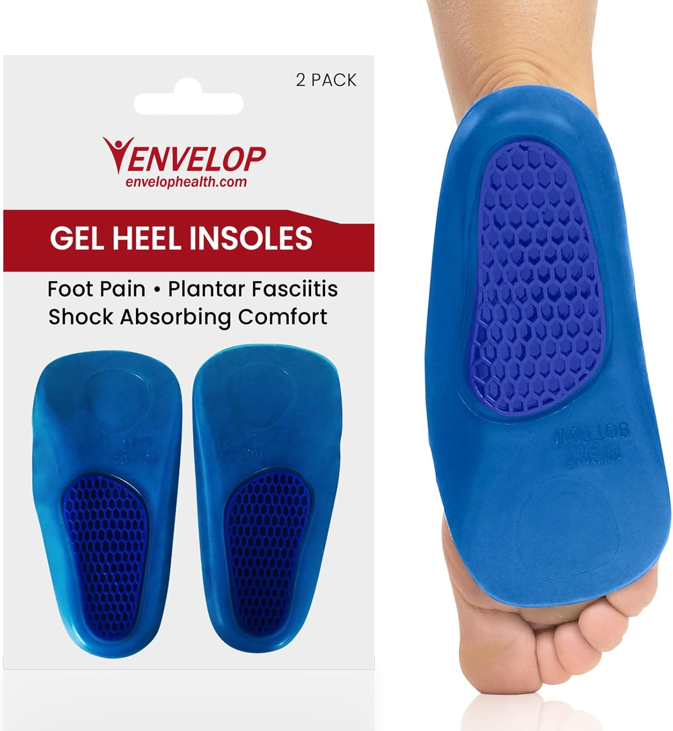 Envelop Gel Insoles for Men and Women - Shoe Heel Orthotics for Running, Hiking - Heel Cup Cushion Half Inserts - Reduce Foot Pain from Plantar Fasciitis, Spurs, Achilles and Arch Issues
